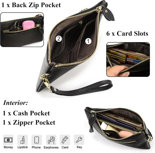 Vista 4 de Uromee Cartera de mano para mujer, de piel auténtica, con cadena de hombro desmontable