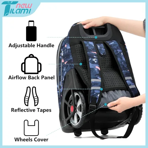 Vista 121 de NEW TILAMI Mochila con ruedas de 19 pulgadas con bolsa de almuerzo para niñas y niños, mochila para laptop con ruedas, bolsa de mano duradera