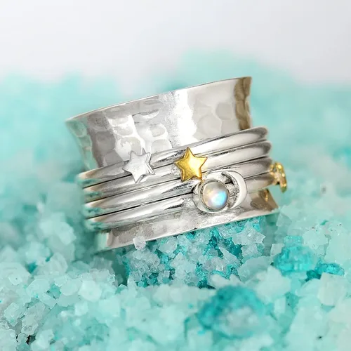 Vista 7 de Boho-Magic Anillo giratorio de plata de ley 925 con diseño de luna y estrella para mujer