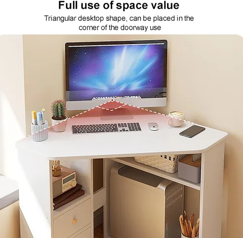 Vista 7 de Escritorio esquinero para espacio pequeño, escritorio de computadora triangular con estantes de almacenamiento y soporte para CPU, mesa de tocador