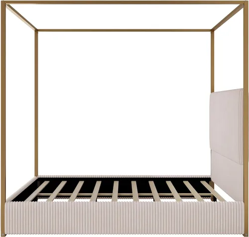 Vista 6 de Cama de Plataforma con Dosel de 4 Postes de Lujo Moderna Tamaño Queen con Cabecera Alta Tapizada en Terciopelo, Marco de Cama de Plataforma