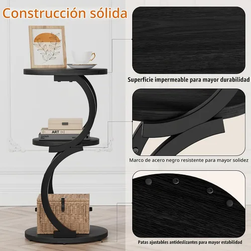 Vista 5 de JUSTOGO - Mesa auxiliar pequeña, mesa auxiliar redonda de 3 niveles para espacios pequeños, color negro