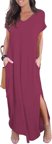 Vista 25 de GRECERELLE - Vestido largo para mujer, holgado, con bolsillos, manga corta y abertura lateral, estilo informal Verde militar