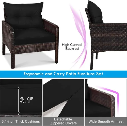 Vista 4 de Juego de muebles de mimbre para patio, juego de conversación de mimbre modular para exteriores con 2 otomanas y mesa de centro de vidrio templado