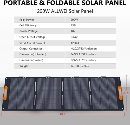 Vista 3 de ALLWEI Panel solar portátil de 200 W para generador solar de estación de energía de 1200 W 2400 W, salidas 3 en 1, cargador solar de 18 V