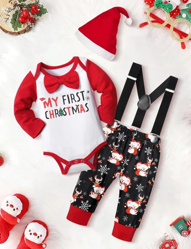 Vista 7 de WIQI Baby Boy Christmas Outfit 4PCS Newborn Romper Xmas Suspender Pants Santa Hat My First Christmas Baby Boy Outfits
