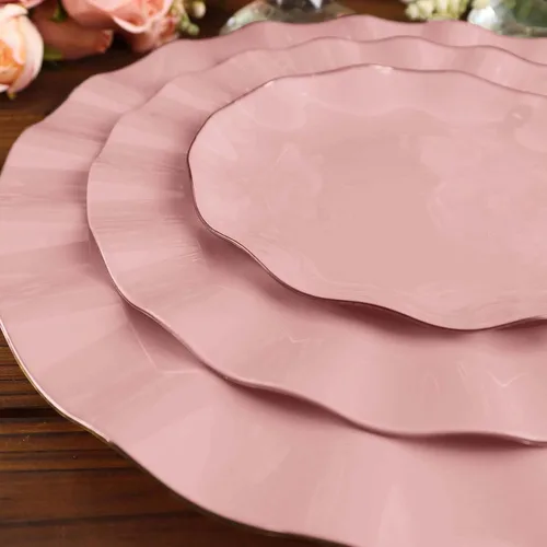 Vista 13 de Tableclothsfactory Paquete de 10 platos redondos de plástico negro de 6 pulgadas para ensalada de postre, platos desechables con borde ondulado