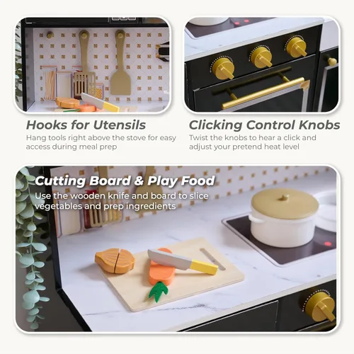 Vista 3 de Teamson Kids Juego de cocina de madera para niños pequeños con accesorios, juego de cocina simulada para niños de 3 años en adelante, juego de Negro