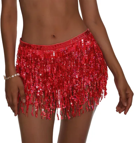 Vista 2 de Belly Dance Skirt Hip Scarf Sequin Fringe Skirt Boho Clothes Tassel Disco Dress Rave Outfits for Women Girl Festival Playsuit