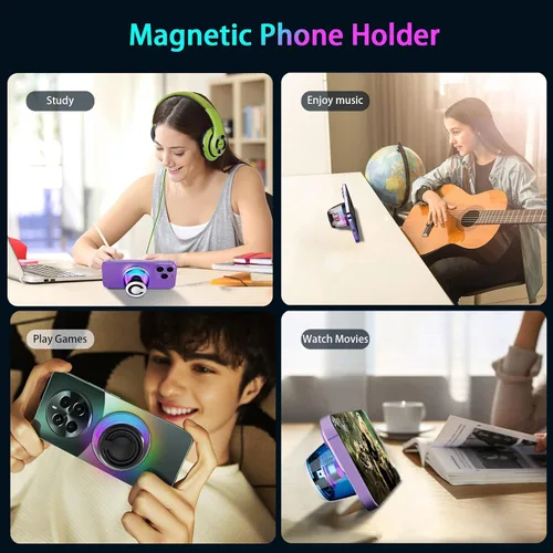 Vista 4 de Altavoz Bluetooth magnético, altavoz Bluetooth de inducción inalámbrico, mini soporte portátil para teléfono celular para iPhone, cordón y luz