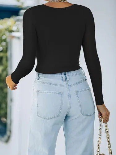 Vista 3 de REORIA Camiseta básica de manga larga con cuello redondo y doble forro para mujer