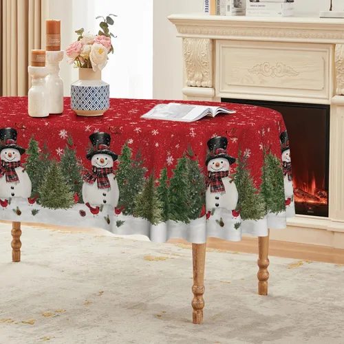 Vista 8 de Horaldaily - Mantel de Navidad rectangular de 52x70 pulgadas, diseño de muñeco de nieve y árboles azules, mantel lavable de temporada