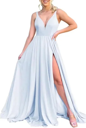 Vista 23 de Vestidos largos de dama de honor para mujer, con abertura, cuello en V, vestido de fiesta formal para boda
