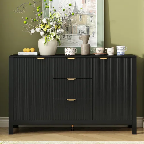Vista 3 de Henf Mesa consola moderna de 47.2 pulgadas, diseño ondulado, mesa de entrada con 3 cajones y 3 estantes ajustables, mesas de sofá de madera