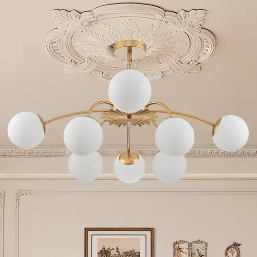 Vista 15 de Lámpara de araña Sputnik de 12 luces, color negro con burbujas de vidrio de leche Luces de techo semi empotradas, acento de flor, Art Deco