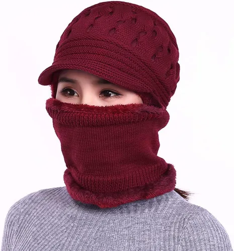 Vista 4 de Bufanda de punto para mujer cálida elástica suave con protección de las orejas gorro con forro polar gorro de una pieza