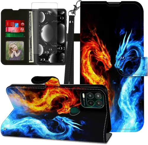 Vista 355 de Funda para Motorola Edge 2022 con protector de pantalla, soporte y tarjetero y correa para la muñeca, funda magnética para Moto Edge 2022 5G UW Lobo