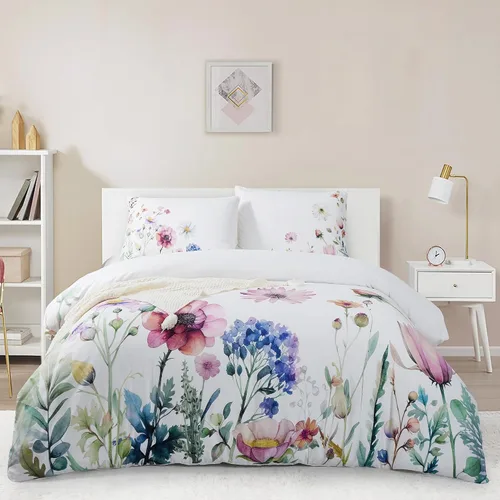 Vista 9 de Style Quarters Dahlia Lane - Juego de funda de edredón de 3 piezas, tallos florales multicolor con siluetas de hojas blancas, 100% algodón, lavable