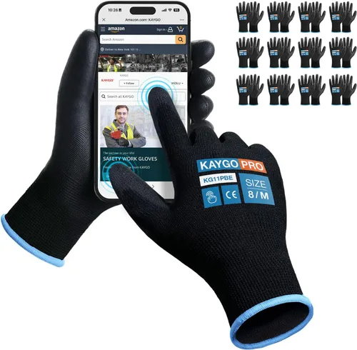 Vista 96 de KAYGO KG11PB - Guantes de trabajo de seguridad con revestimiento de poliuretano, 12 pares de guantes de punto sin costuras para hombres y mujeres