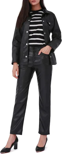 Vista 5 de Balleay Art Pantalones de piel sintética para mujer, pierna recta, cintura media, levantamiento de glúteos, pantalones negros elásticos con 5