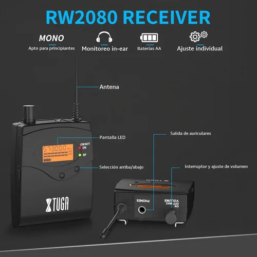 Vista 3 de XTUGA RW2080 inalámbrico en el sistema de monitor del oído, 2 Bodypacks UHF