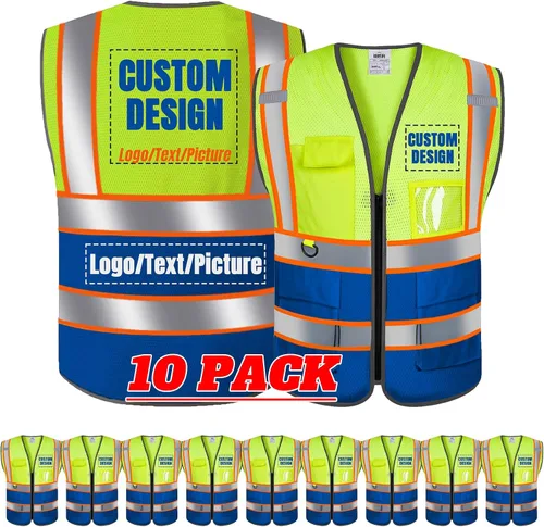 Vista 38 de BeautyWill Chaleco de seguridad con logotipo personalizado Class2 Chaleco reflectante de alta visibilidad con bolsillos y cremallera chaleco