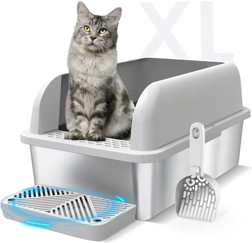 Vista 9 de Caja de arena de acero inoxidable para gatos con tapa cerrada, caja de arena extra grande para gatos grandes, bandeja de arena de metal XL