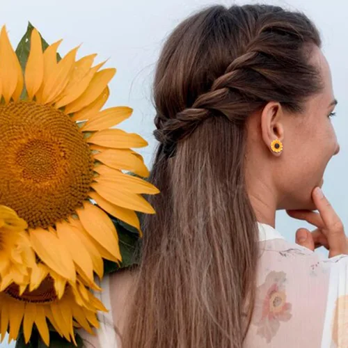 Vista 3 de Long tiantian Juego de aretes de girasol, collar de girasol bohemio para mujeres y niñas, aretes colgantes de girasol de moda para verano, delicado