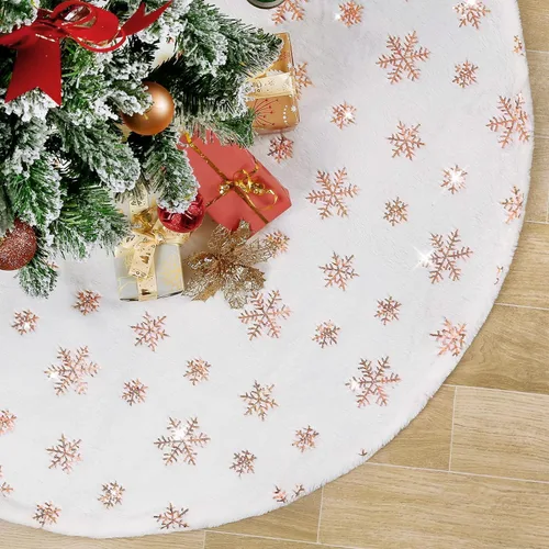 Vista 10 de Falda de árbol pequeña de 24 pulgadas, falda de árbol de piel sintética blanca de Navidad de 4 pies, mini copos de nieve de lentejuelas doradas