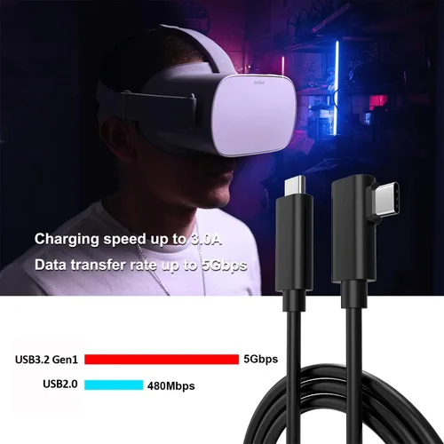 Vista 5 de Easy Hood Cable USB C a USB C compatible con auriculares Oculus QuestQuest 2Oculus Link VR, ángulo recto tipo C de transferencia de datos de alta