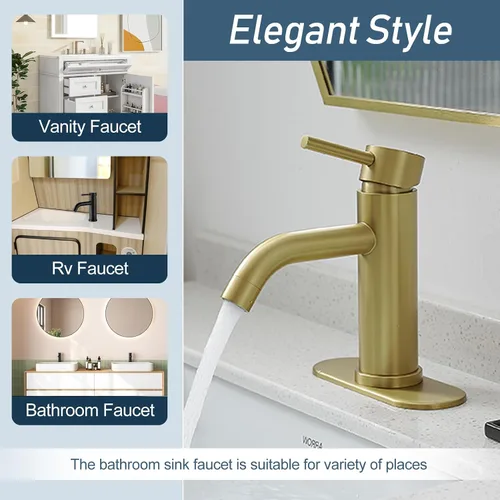Vista 2 de GENBONS Grifos de Baño Dorados, Grifo de Lavabo Moderno de Una Sola Manija Dorado Cepillado de 1 Agujero con Placa de Cubierta de 3 Agujeros, Grifo