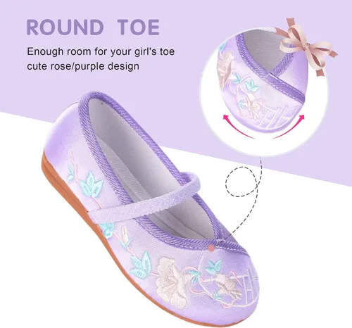 Vista 3 de BESSIVIC Zapatos de vestir para niñas, zapatos Mary Jane para niñas con tacón bajo, zapatos planos de ballet de flores de princesa para bodas