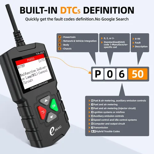 Vista 6 de YA-201 Escáner Obd2, lector de códigos de motor con todos los modos OBD2 después de 1996 para todos los coches OBDII/EOBD/KOBD/CAN, sensor O2