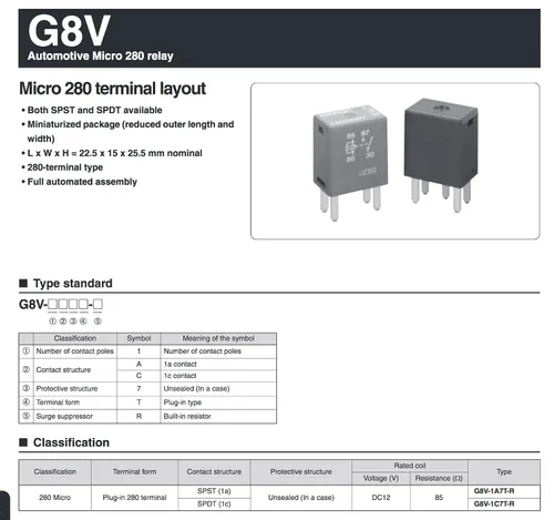 Vista 3 de OMRON COMPONENTES ELECTRÓNICOS - G8V-RH-1C7T-R-DC12 (2 Piezas)- RELÉ MICRO AUTOMOTRICO, SPDT, 12VDC, 20A