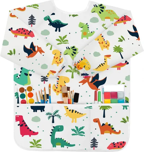Vista 7 de Bassion Kids Art Smock Toddlers Painting Aprons Colorful Waterproof Children Artist Smock with Long Sleeve 3 Roomy Pockets