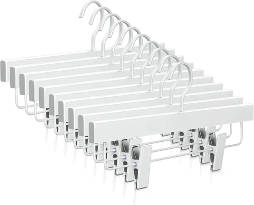 Vista 8 de TOPIA HANGER Perchas de madera negra para pantalones, perchas de falda de madera con clips, percha de lujo para jeans con gancho plano anti-óxido