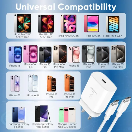 Vista 5 de Cargador para iPhone 17 16 15 cable de carga rápida de 10 pies, bloque de cargador USB C de 30 W para i Phone 15 16 16e 17 Air Plus Pro Max/iPad
