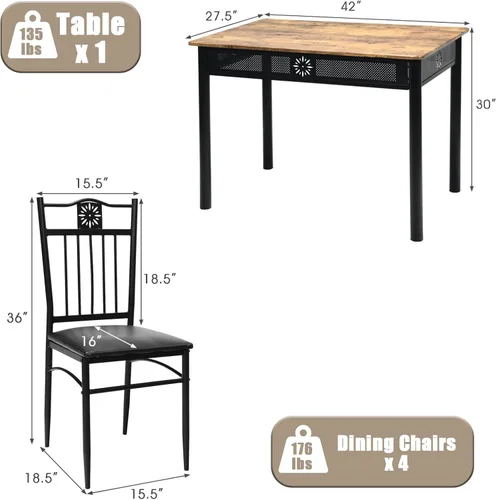 Vista 6 de COSTWAY Juego de mesa de comedor de 5 piezas, juego de mesa de cocina moderno para 4 personas, mesa rectangular de 42 pulgadas con 4 sillas