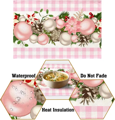 Vista 4 de Nepnuser Juego de 4 Manteles Individuales de Navidad a Cuadros Vichy y de Búfalo Rosa y Blanco, Decoración Navideña para Hogar Cocina Mesa de Comedor