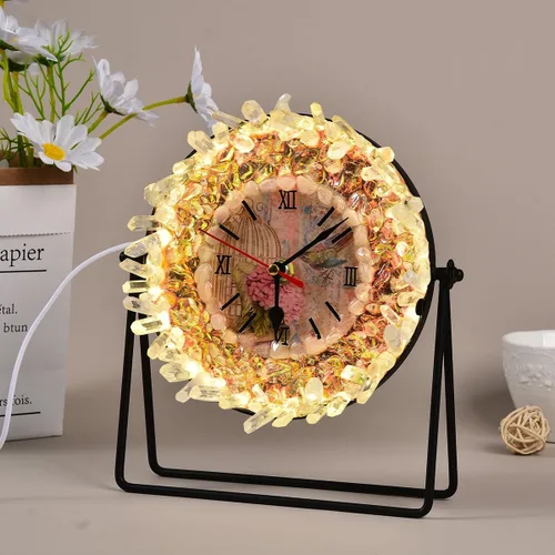Vista 9 de JIC Gem Reloj de rebanada de ágata natural negro/gris con base, reloj de ágata, reloj decorativo Negro\gris romano
