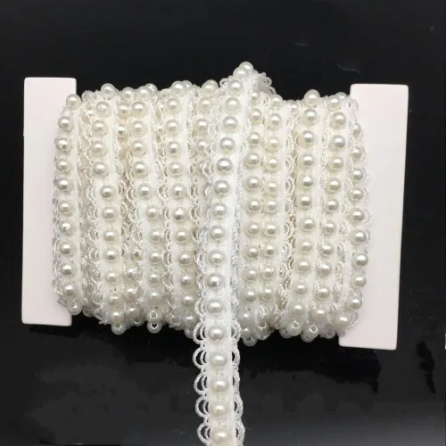 Vista 7 de FQTANJU 5 yardas de cinta de encaje con perlas de imitación y apliques de perlas para flecos para decoración de fiesta de boda, decoración