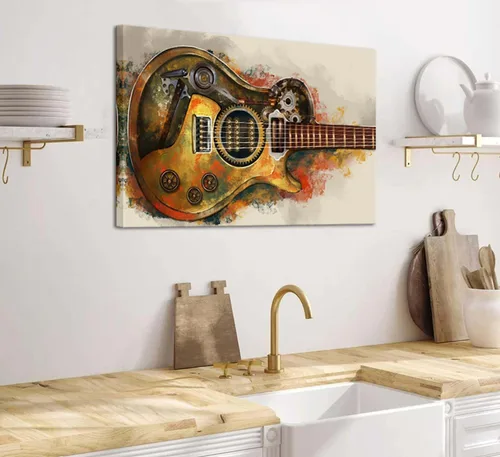 Vista 3 de KLVOS Lienzo de música vintage, diseño industrial, impresión de guitarra, arte de pared, regalos temáticos musicales únicos para amantes