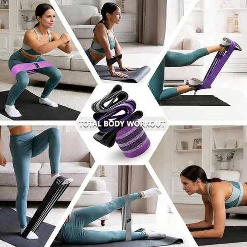 Vista 3 de Bandas de ejercicio, 3 niveles de resistencia, bandas de entrenamiento de tela para hombres y mujeres, bandas de tela antideslizante