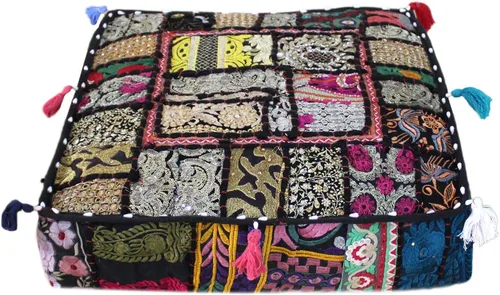 Vista 15 de CRAFT KALA Funda de Puf Tradicional de Retazos Cuadrada India Pufs de Sala de Estar India Otomana de Diseñador Bordada Decorativa Hogar Vida Rosa