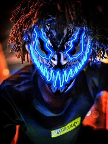 Vista 6 de Quanquer Máscara de Halloween con luz LED para adultos y niños, máscaras únicas de neón con ojos brillantes oscuros y malvados, llamativo disfraz