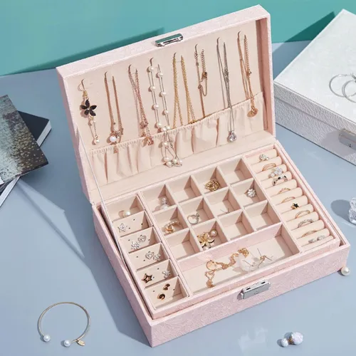 Vista 8 de YZJJ Joyero de dos capas, organizador de joyas de piel sintética con protección del medio ambiente, para mujeres, niñas, novia, esposa, regalo ideal
