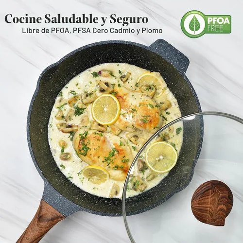 Vista 5 de Sartén antiadherente de 12 pulgadas con tapa y espátula, sartén jumbo de 6 cuartos de galón con boquilla de vertido, wok de chef de granito