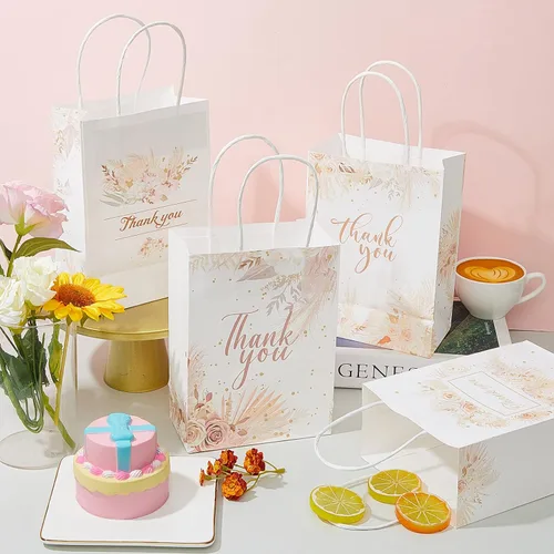 Vista 4 de 16 bolsas de regalo de agradecimiento con diseño floral de 6 x 3 x 8 pulgadas, pequeñas bolsas de papel con asas, bolsas de regalo bohemias