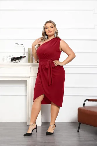 Vista 5 de Hanna Nikole Vestidos de fiesta ajustados de un hombro para mujer, talla grande, con dobladillo envolvente con purpurina, con cinturón, vestido midi