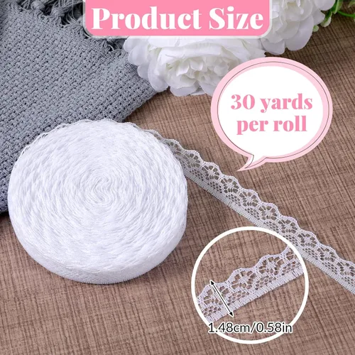 Vista 2 de Cinta de encaje blanca de 30 yardas, ribete de encaje de 0.6 pulgadas de ancho para coser bordes ondulados con flores huecas de algodón